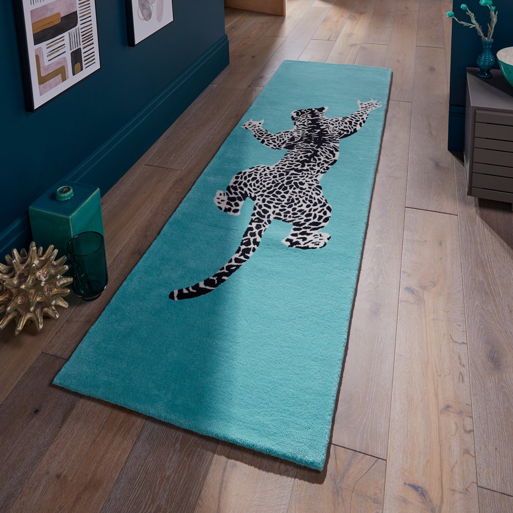 Climbing Jaguar Modern Wool Runner Rugs in Light Blue